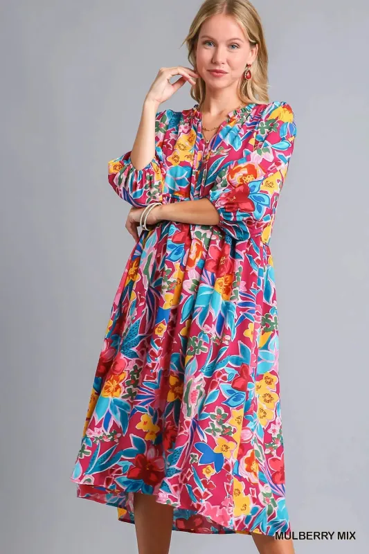 Umgee Full Size Floral Print Tie Neck Midi Dress with Pockets Plus Size sold by Charming Charlie