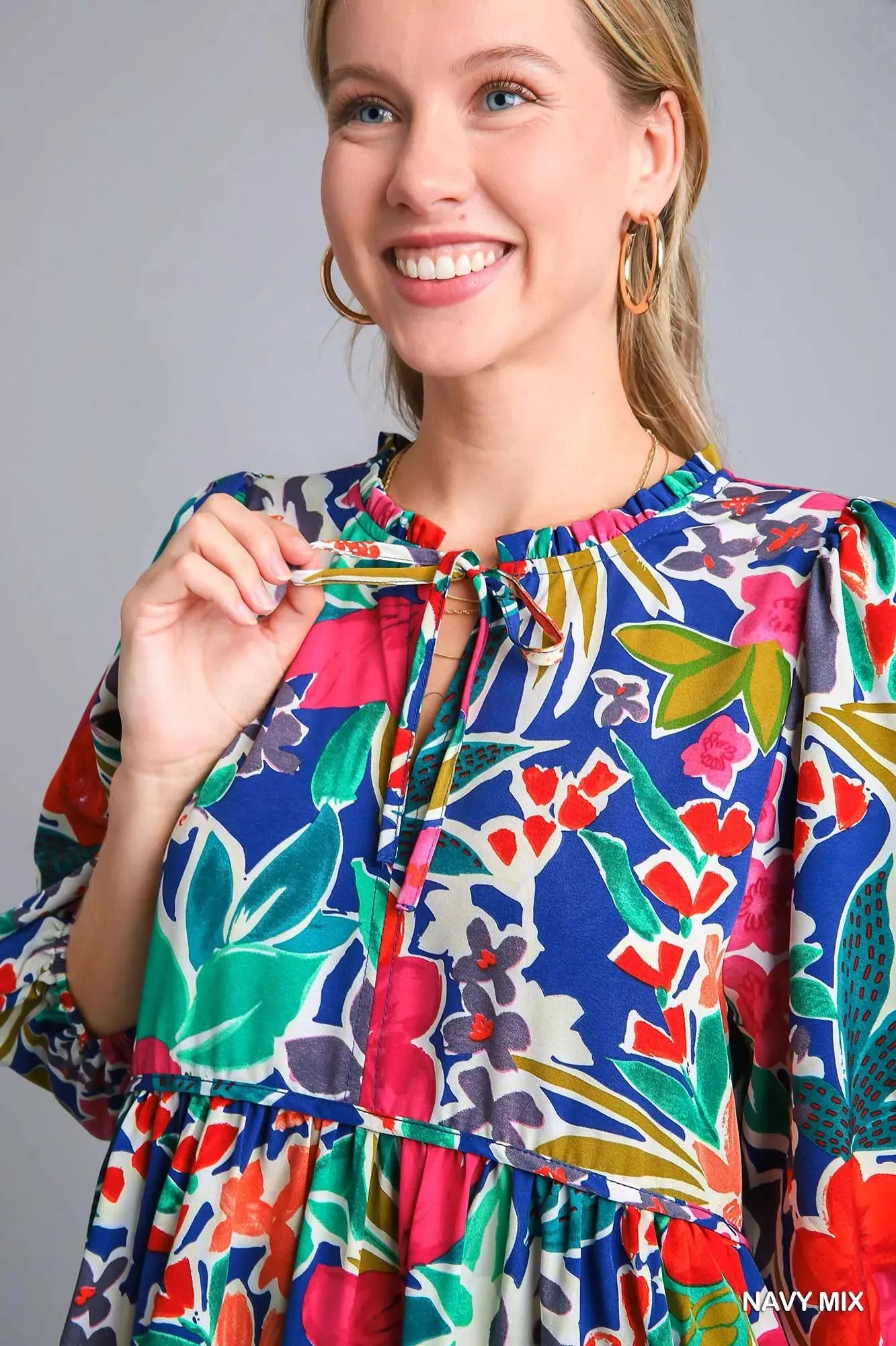 Umgee Floral Print Tie Neck Midi Dress with Pockets sold by Charming Charlie product image thumbnail 5