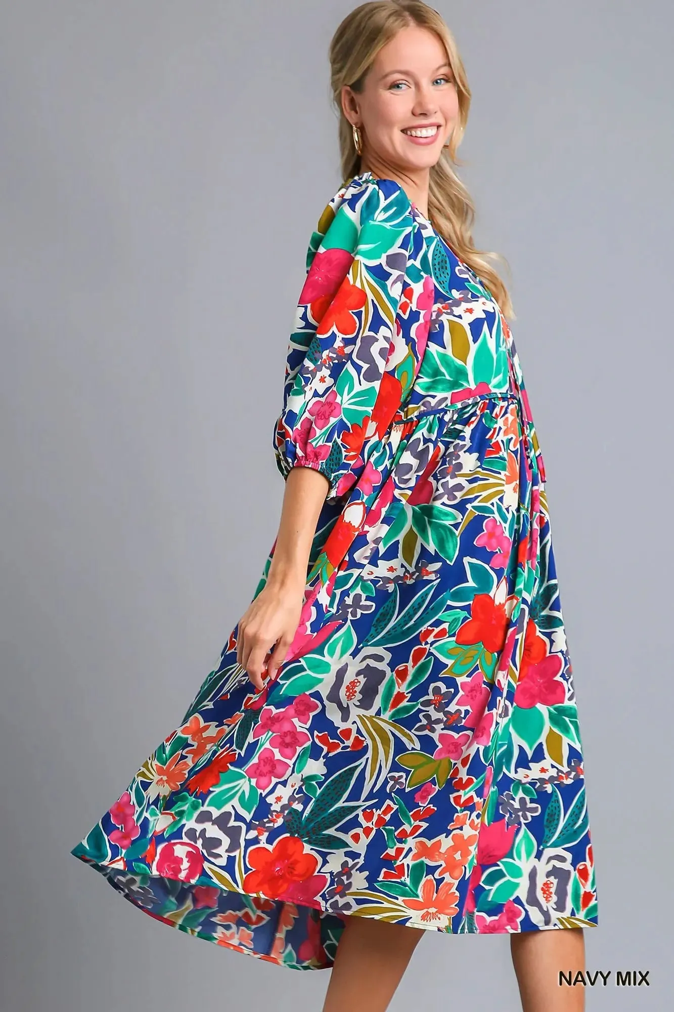 Umgee Floral Print Tie Neck Midi Dress with Pockets sold by Charming Charlie product image thumbnail 2