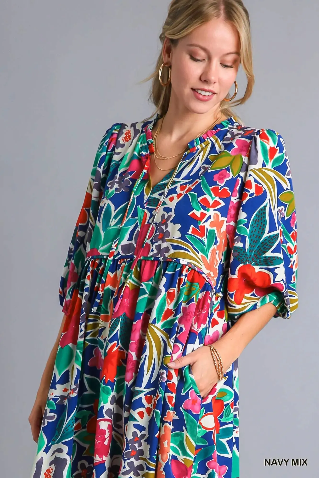Umgee Floral Print Tie Neck Midi Dress with Pockets sold by Charming Charlie product image thumbnail 4