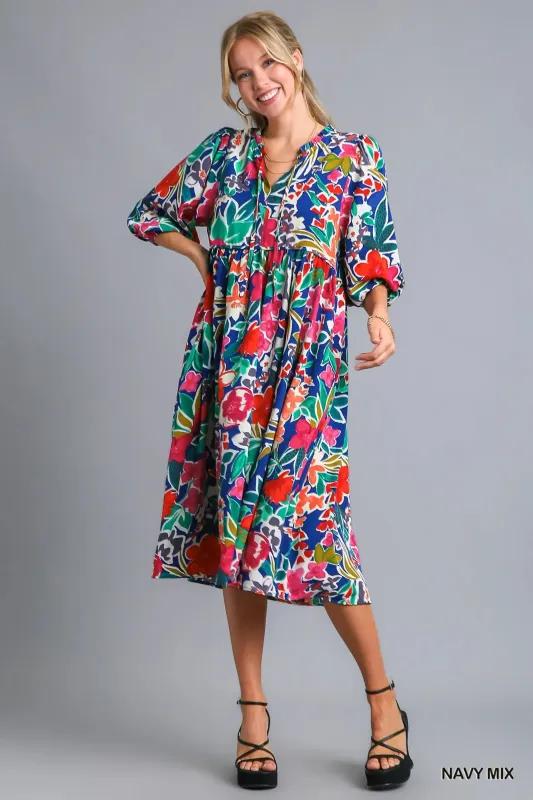 Umgee Floral Print Tie Neck Midi Dress with Pockets sold by Charming Charlie