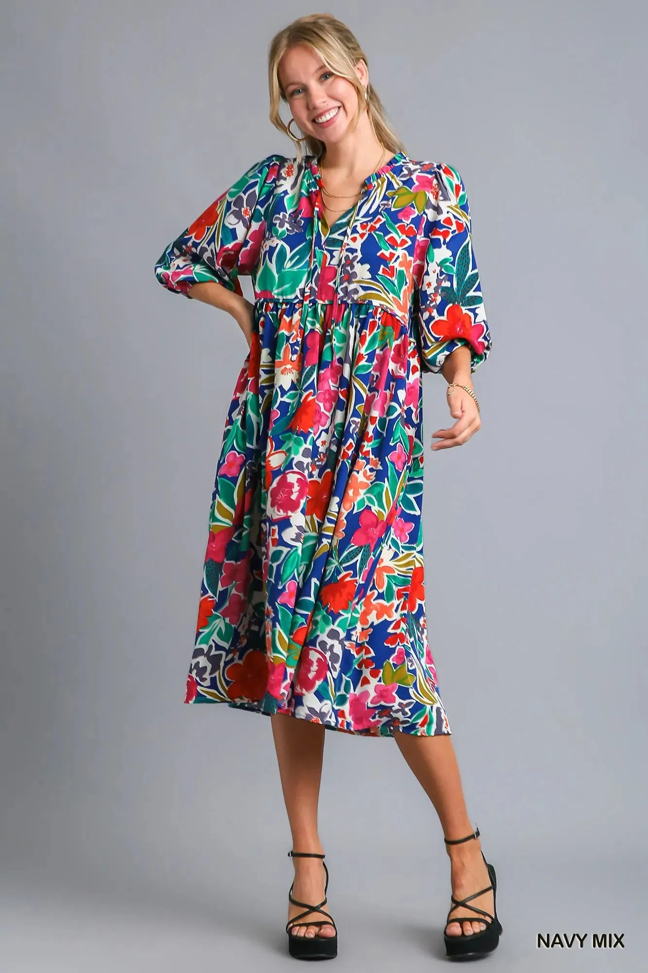 Umgee Floral Print Tie Neck Midi Dress with Pockets sold by Charming Charlie