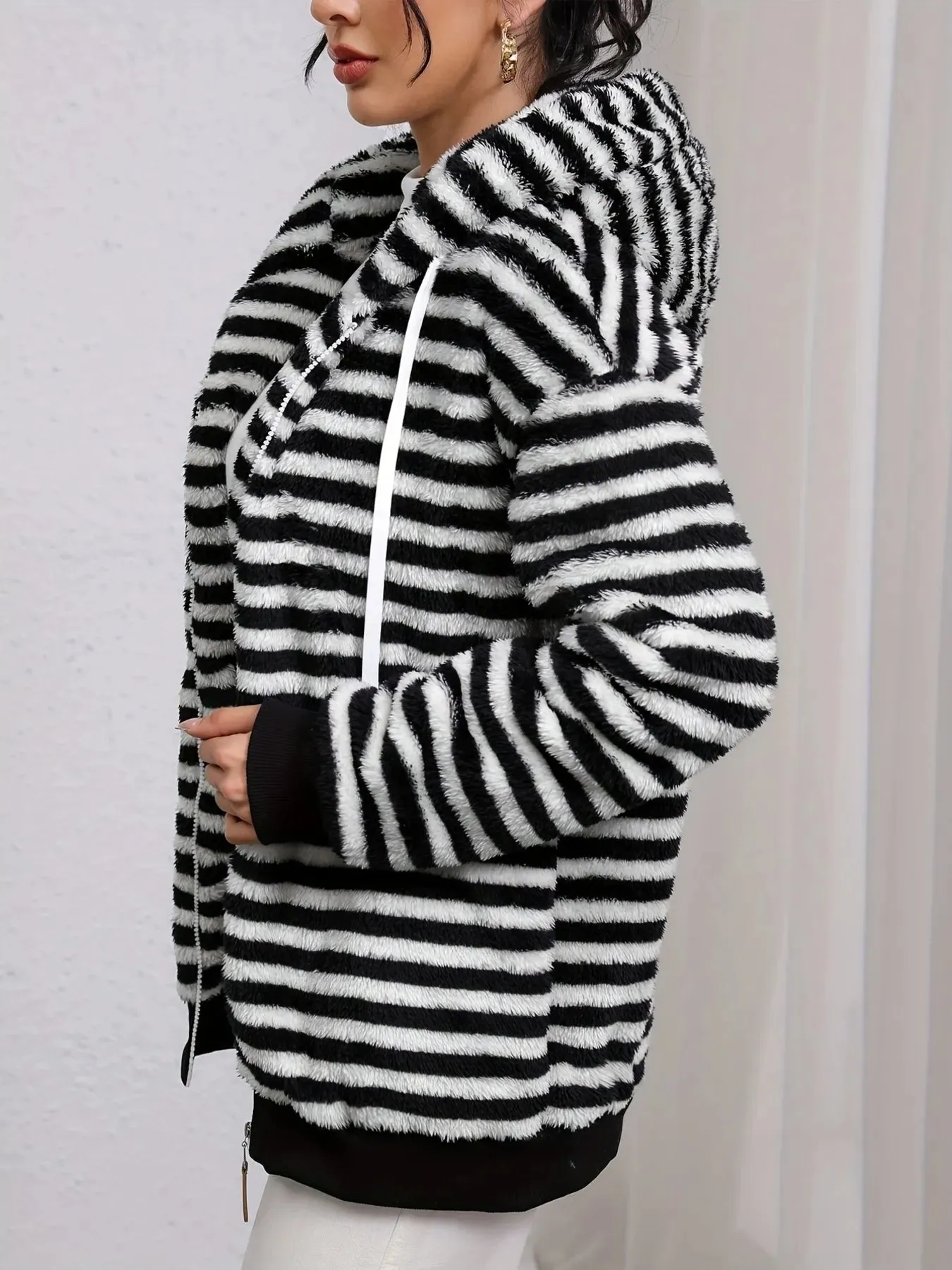 Striped Fuzzy Zip Up Hooded Outerwear sold by Charming Charlie product image thumbnail 3