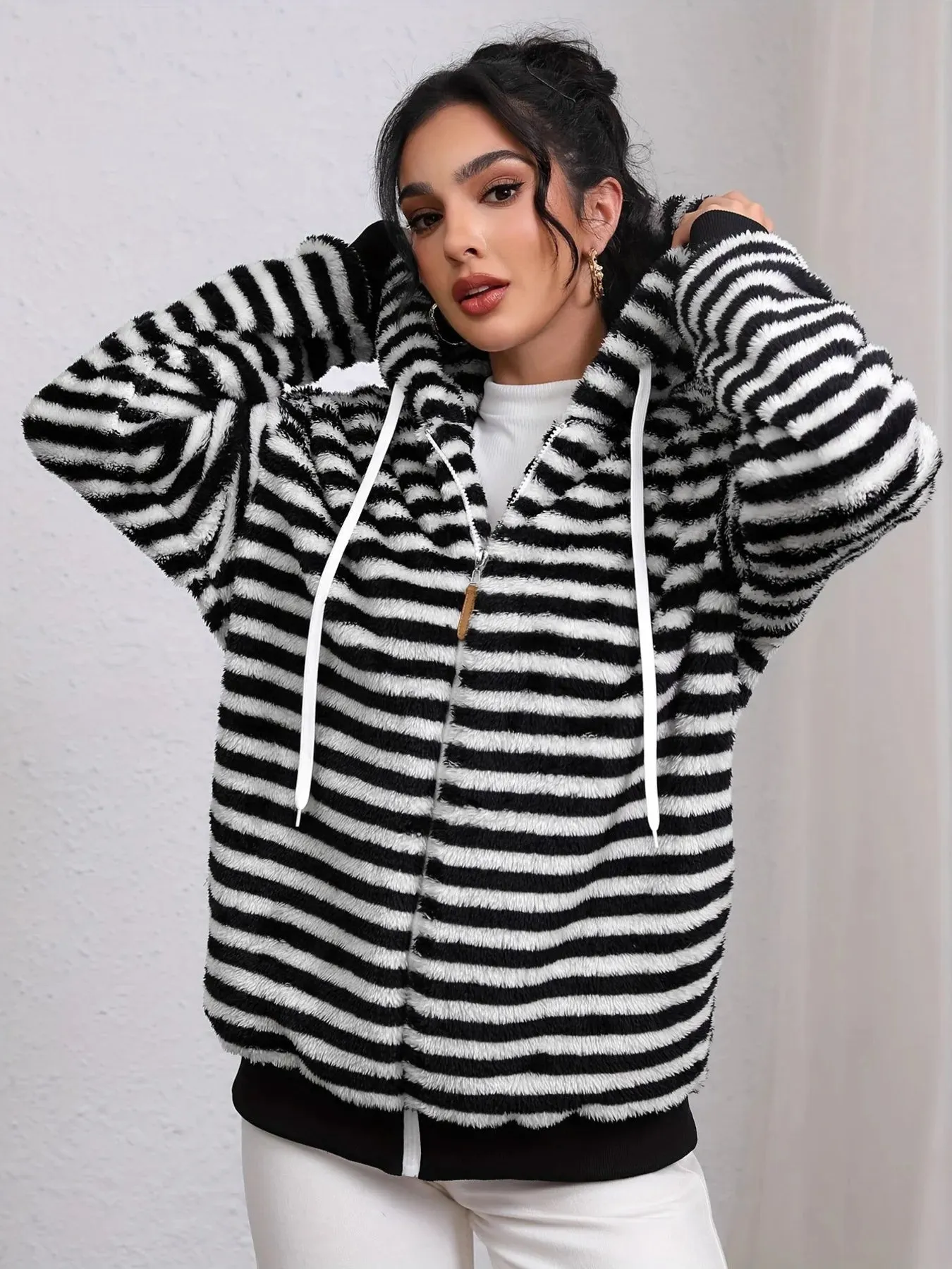 Striped Fuzzy Zip Up Hooded Outerwear sold by Charming Charlie product image thumbnail 4