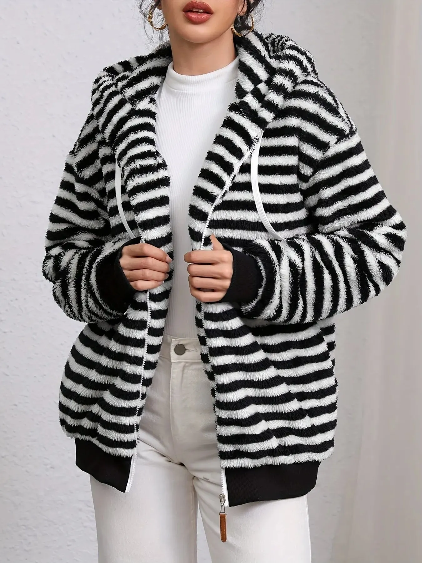 Striped Fuzzy Zip Up Hooded Outerwear sold by Charming Charlie