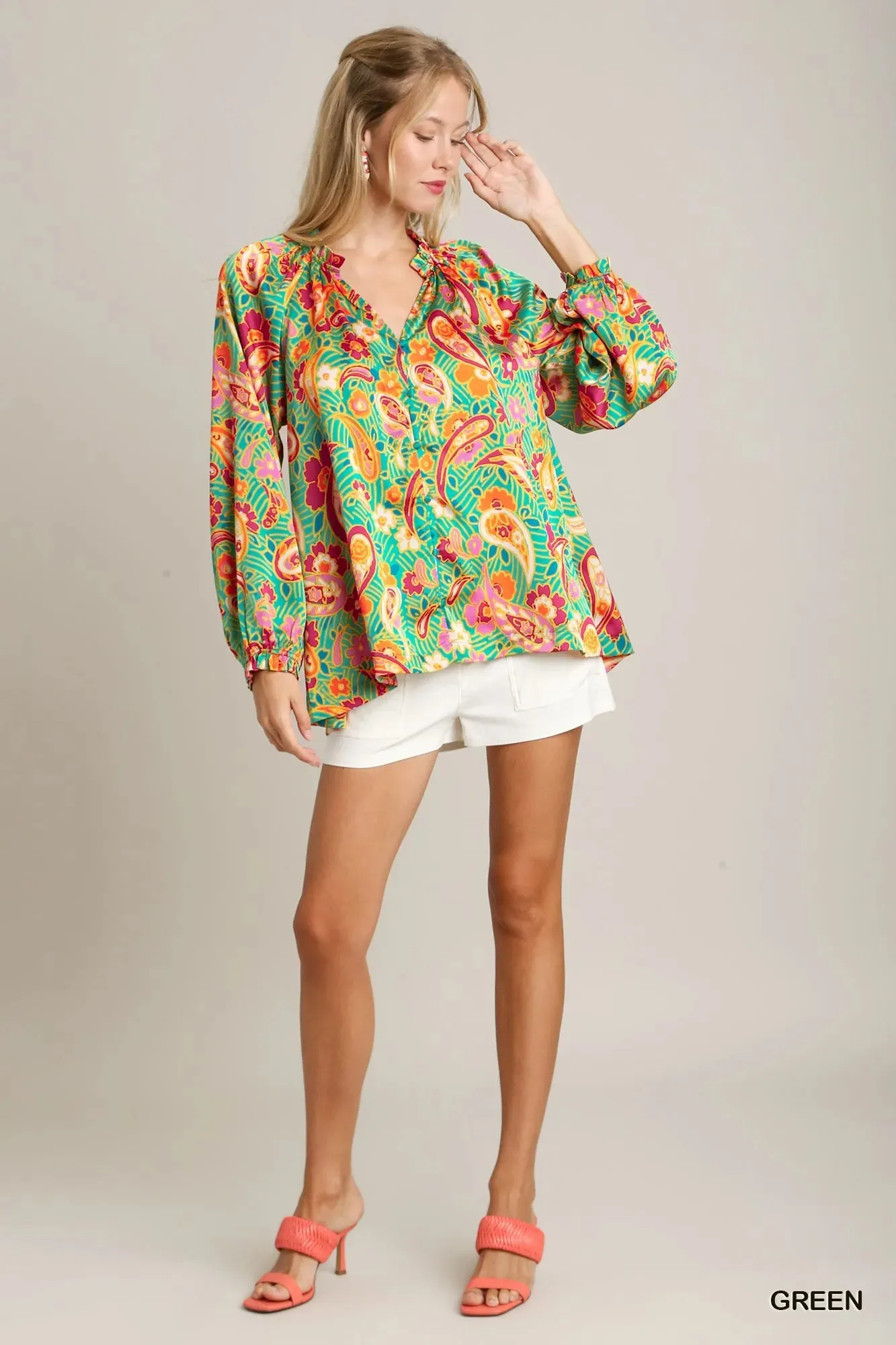 Umgee Satin Paisley Ruffle Neck Button-Up Shirt sold by Charming Charlie product image thumbnail 2