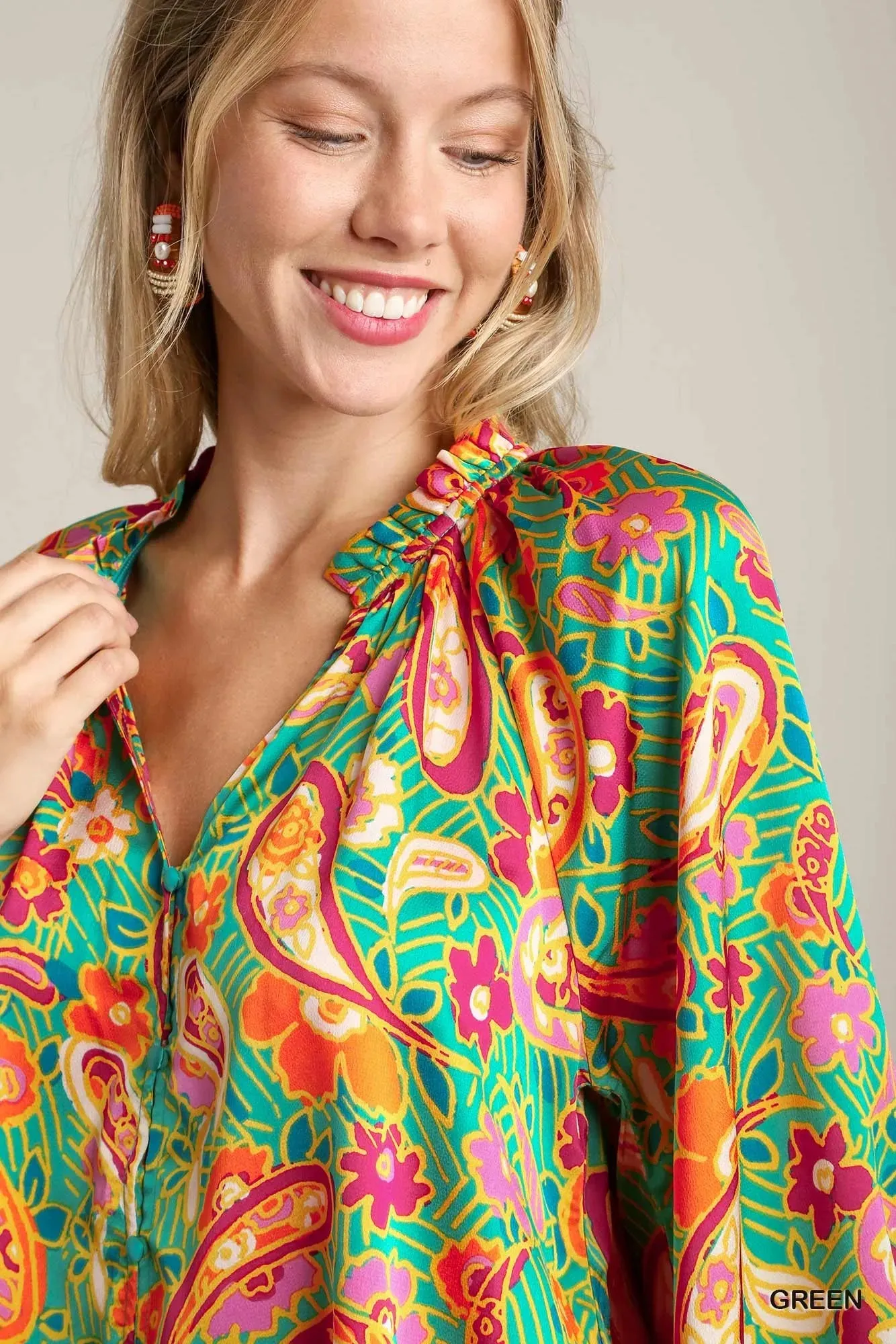 Umgee Satin Paisley Ruffle Neck Button-Up Shirt sold by Charming Charlie product image thumbnail 3
