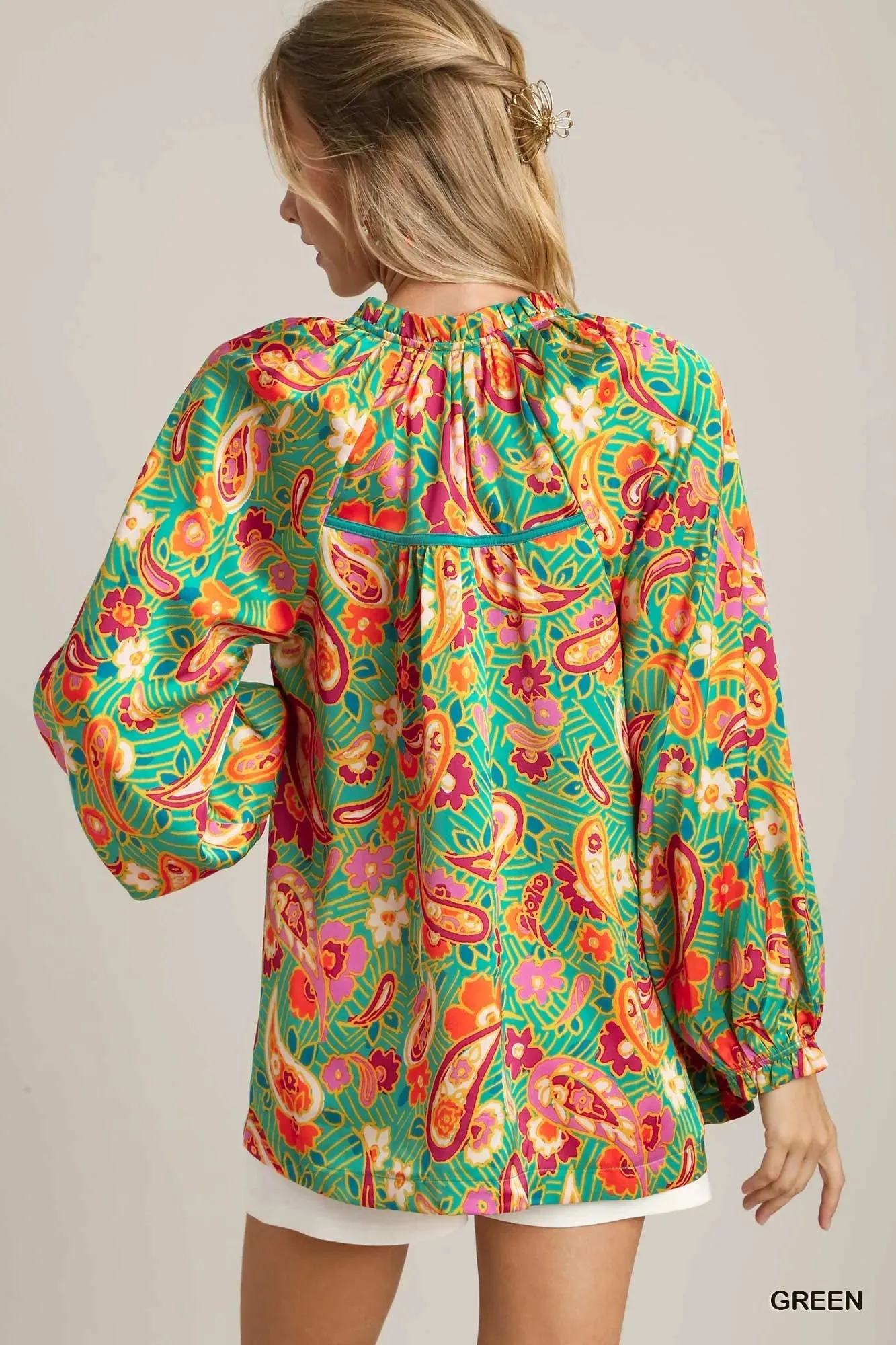 Umgee Satin Paisley Ruffle Neck Button-Up Shirt sold by Charming Charlie product image thumbnail 4
