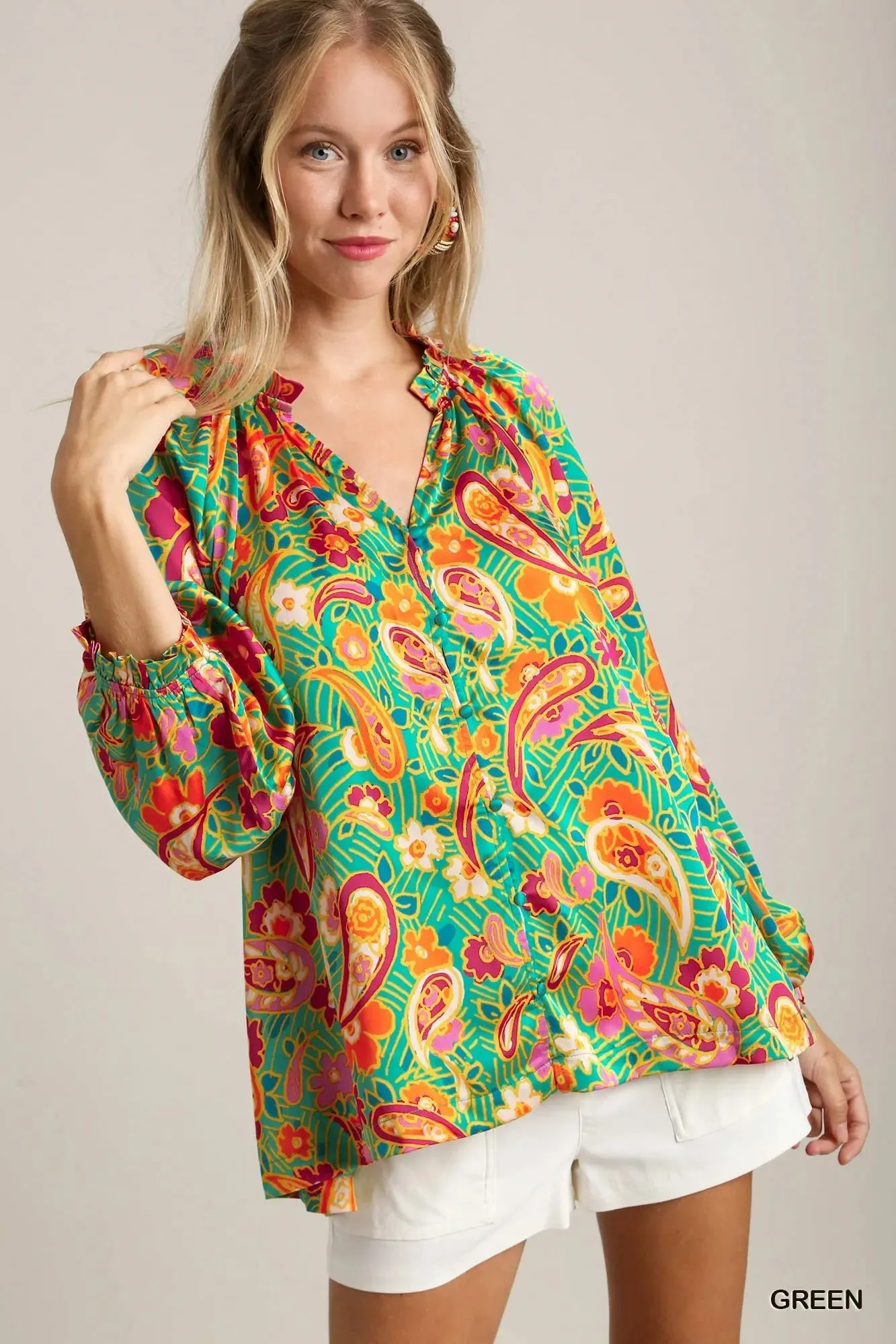 Umgee Satin Paisley Ruffle Neck Button-Up Shirt sold by Charming Charlie