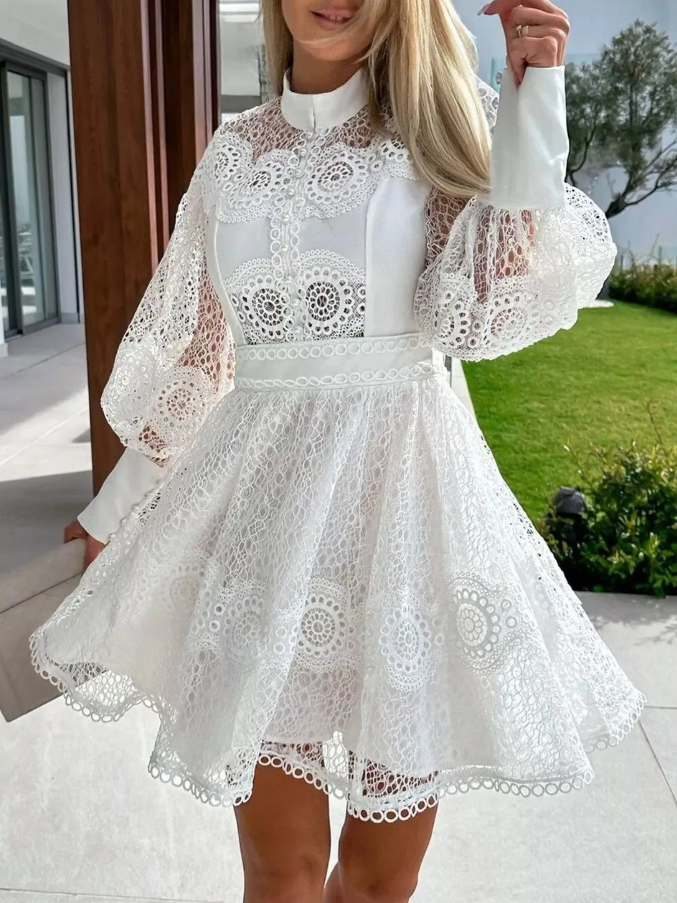 Lace Lantern Sleeve Mini Dress sold by Charming Charlie
