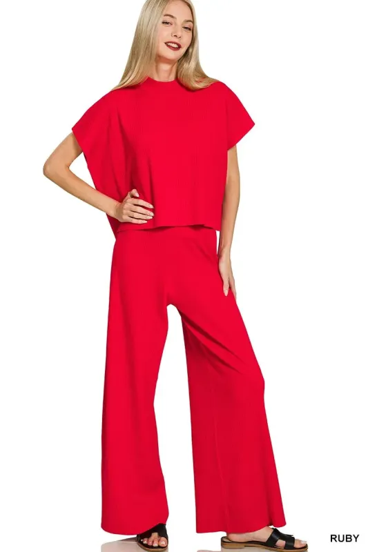 Zenana Viscose Sweater Short Sleeve Top and Pants Set sold by Charming Charlie