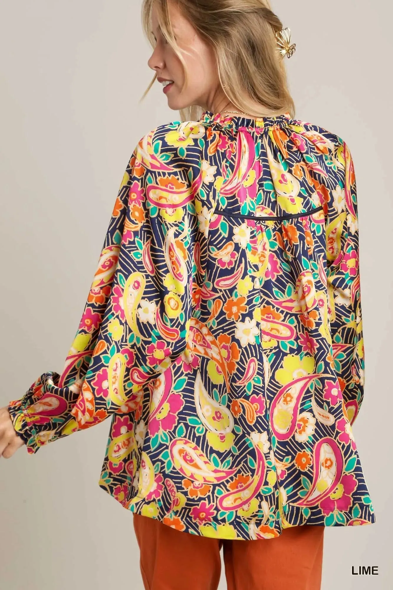 Umgee Full Size Satin Paisley Ruffle Neck Button-Up Shirt Plus Size sold by Charming Charlie product image thumbnail 4