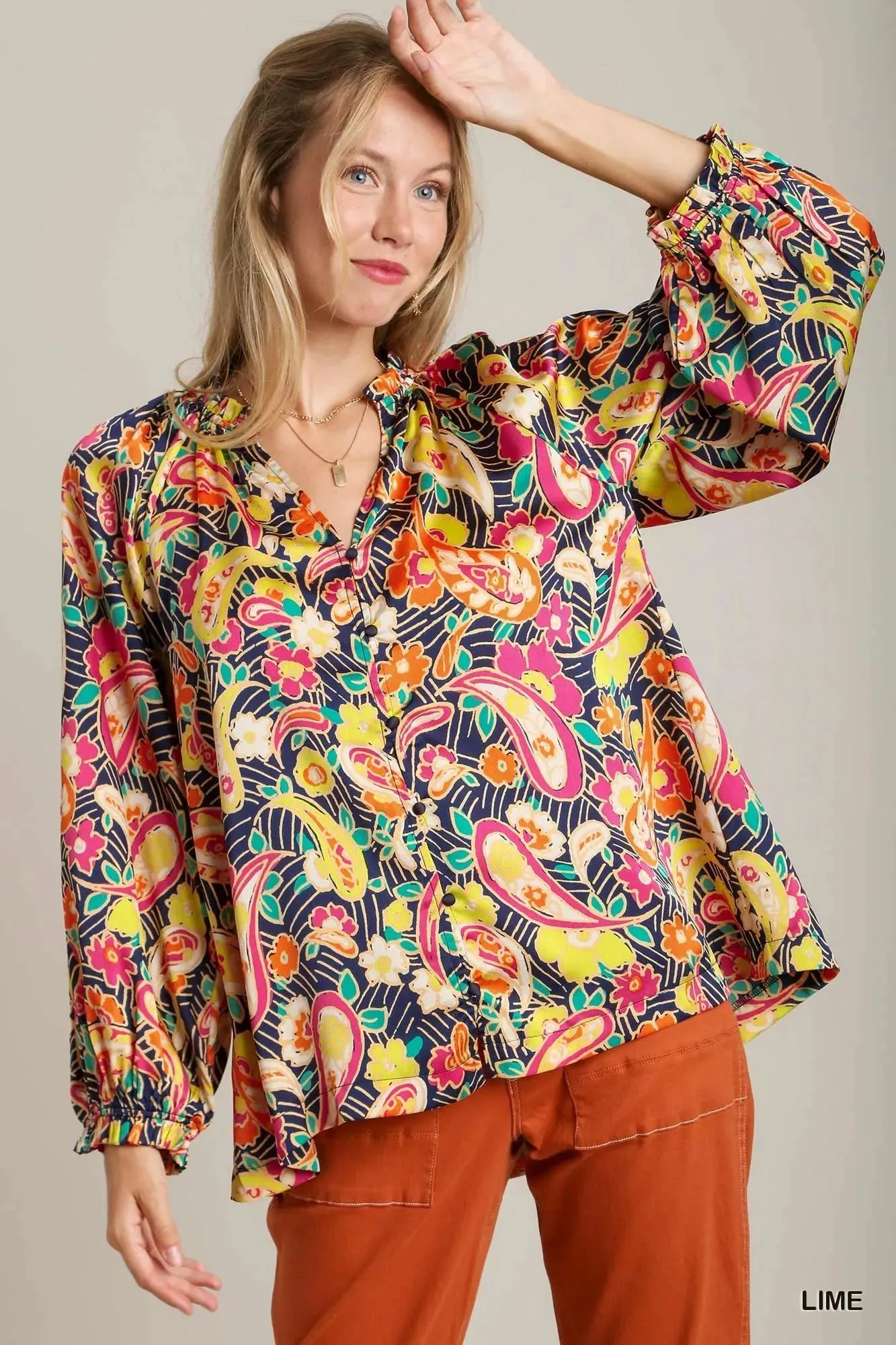 Umgee Full Size Satin Paisley Ruffle Neck Button-Up Shirt Plus Size sold by Charming Charlie