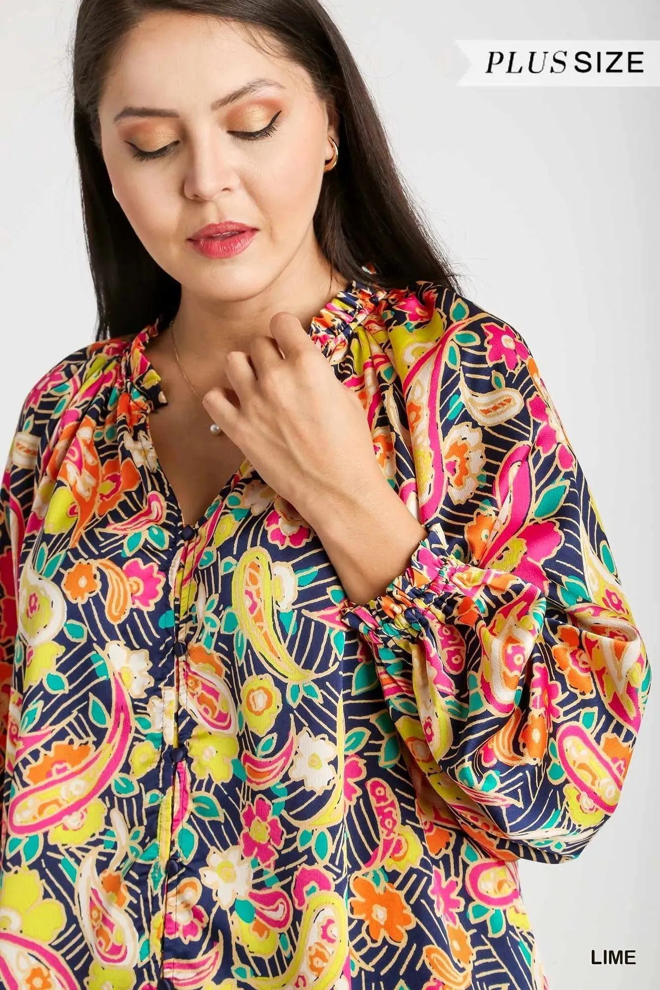 Umgee Full Size Satin Paisley Ruffle Neck Button-Up Shirt Plus Size sold by Charming Charlie product image thumbnail 5