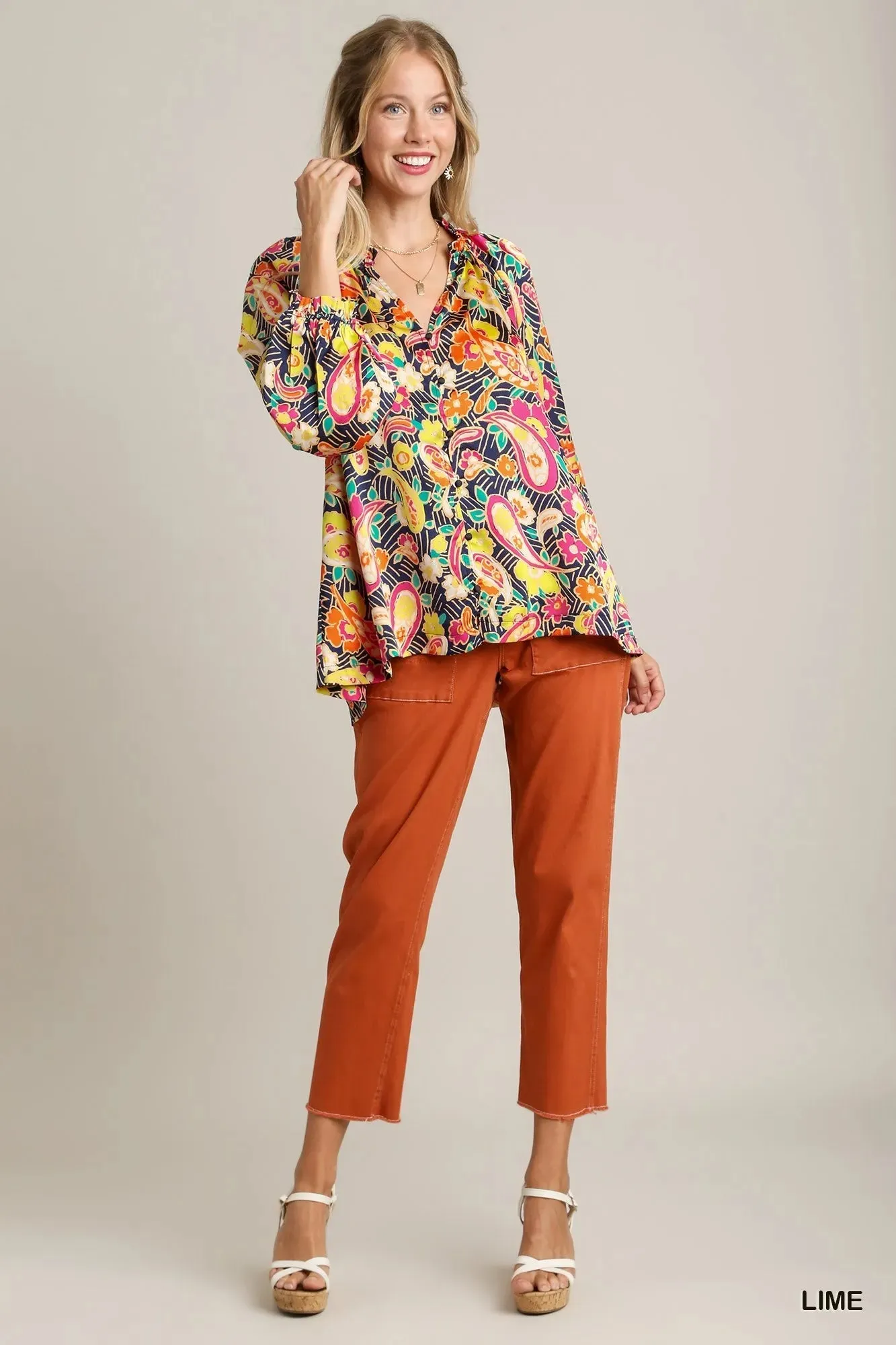 Umgee Full Size Satin Paisley Ruffle Neck Button-Up Shirt Plus Size sold by Charming Charlie product image thumbnail 2