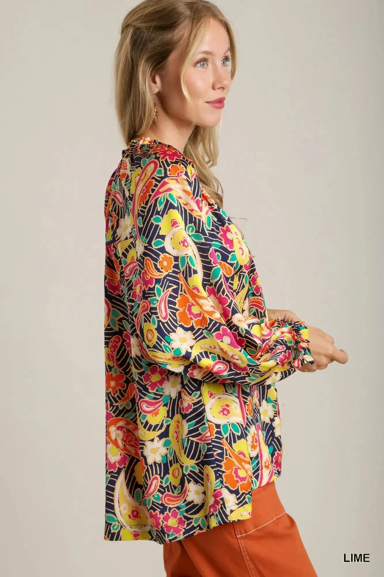 Umgee Full Size Satin Paisley Ruffle Neck Button-Up Shirt Plus Size sold by Charming Charlie product image thumbnail 3