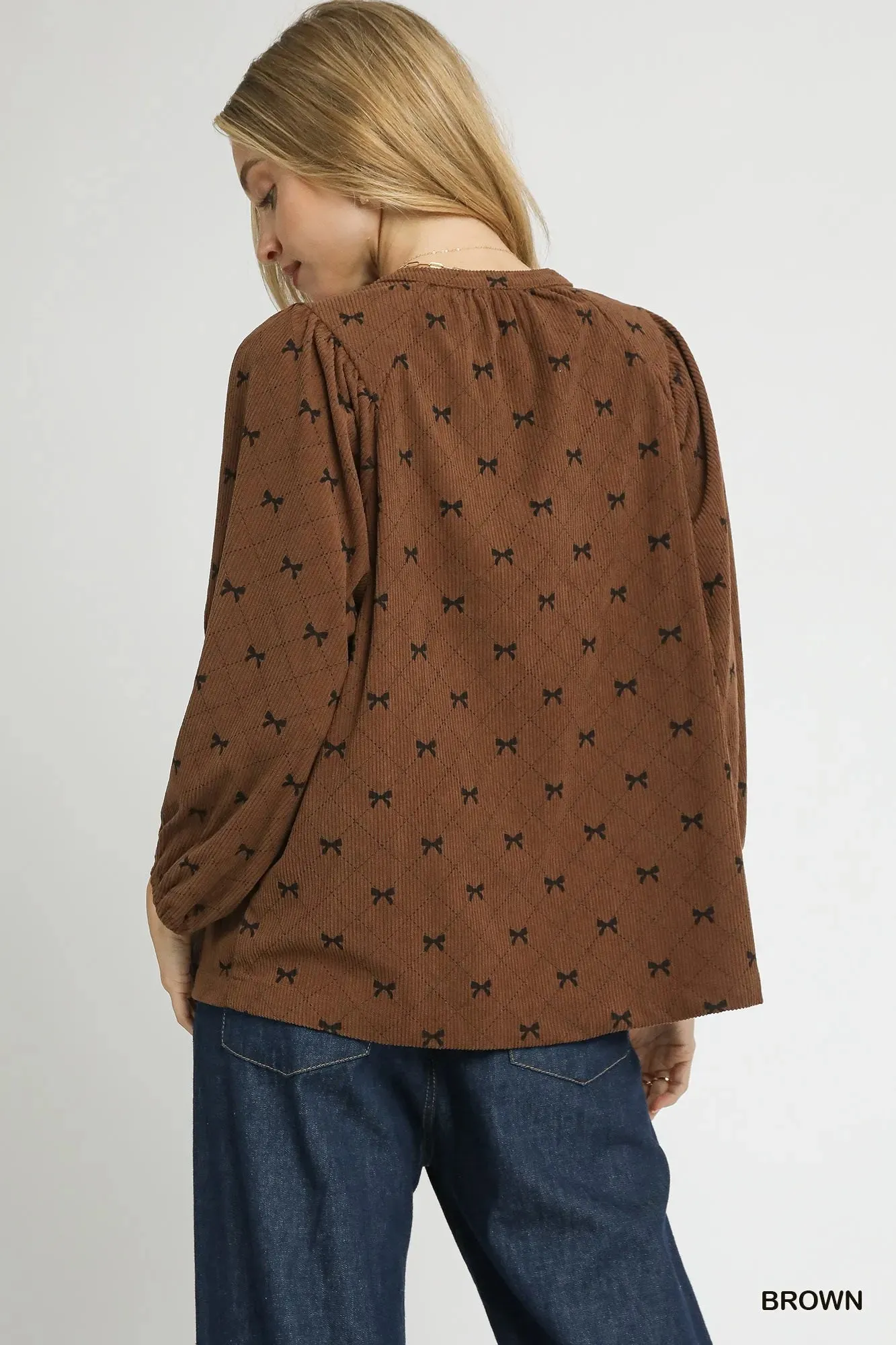 Umgee Corduroy Bow Print Balloon Sleeve Blouse sold by Charming Charlie product image thumbnail 3