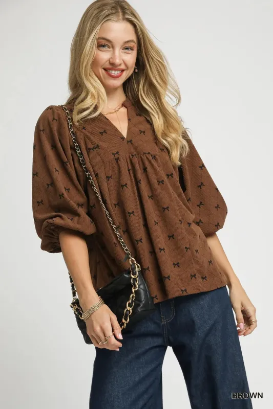 Umgee Corduroy Bow Print Balloon Sleeve Blouse sold by Charming Charlie