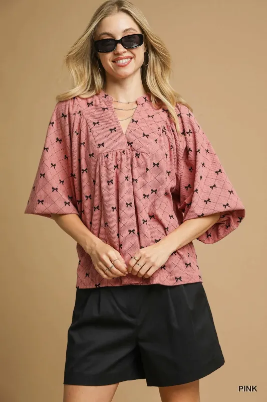 Umgee Corduroy Bow Print Balloon Sleeve Blouse sold by Charming Charlie