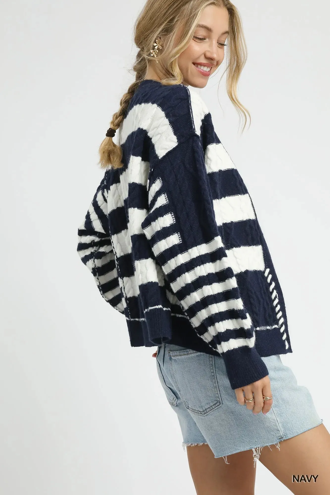 Umgee Cable-Knit Stripe Button-Up Cardigan sold by Charming Charlie product image thumbnail 3