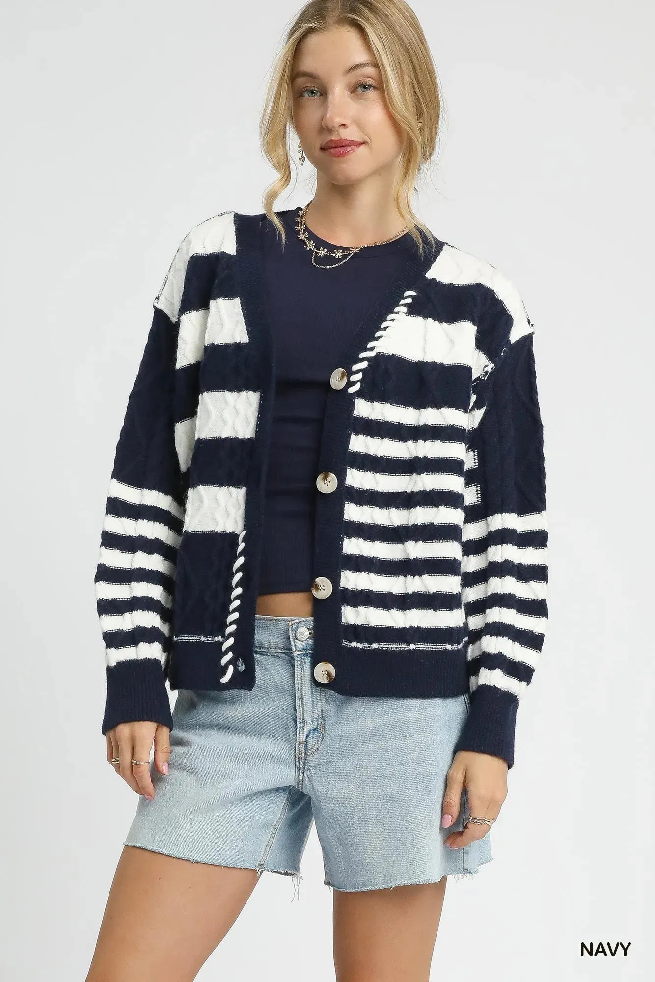 Umgee Cable-Knit Stripe Button-Up Cardigan sold by Charming Charlie