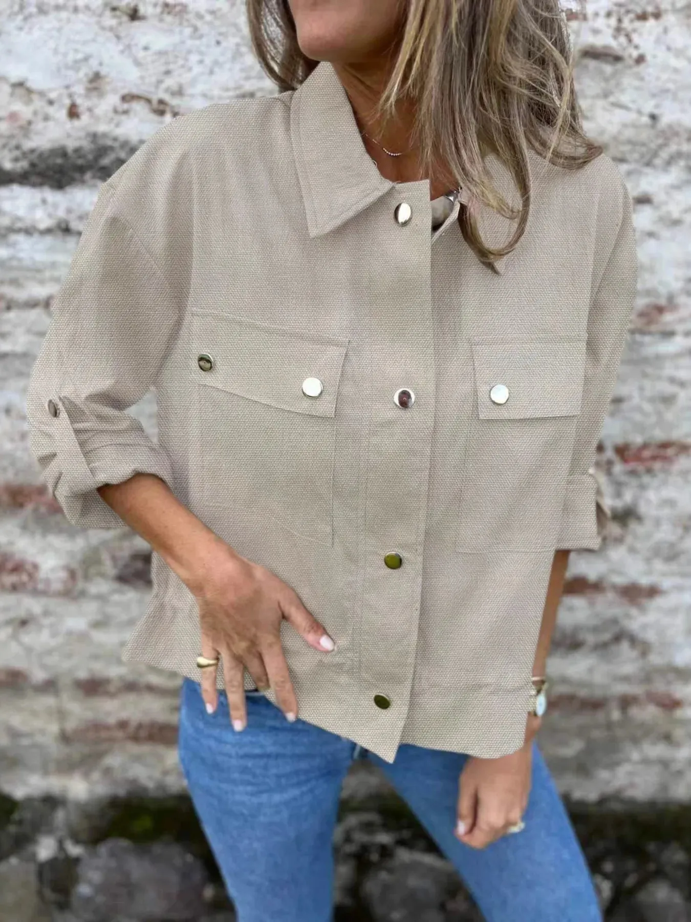 Snap-Down Utility Shacket with Chest Pockets sold by Charming Charlie