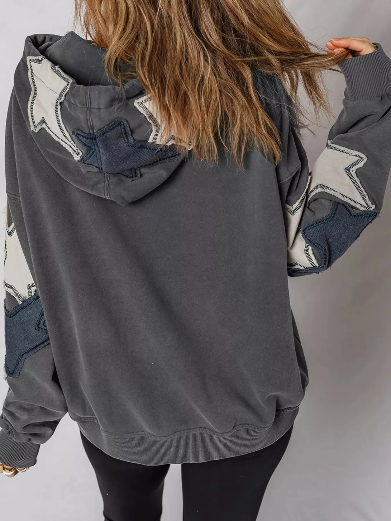 Star Patchwork Contrast Stitching Mineral Wash Kangaroo Pocket Hoodie sold by Charming Charlie product image thumbnail 4