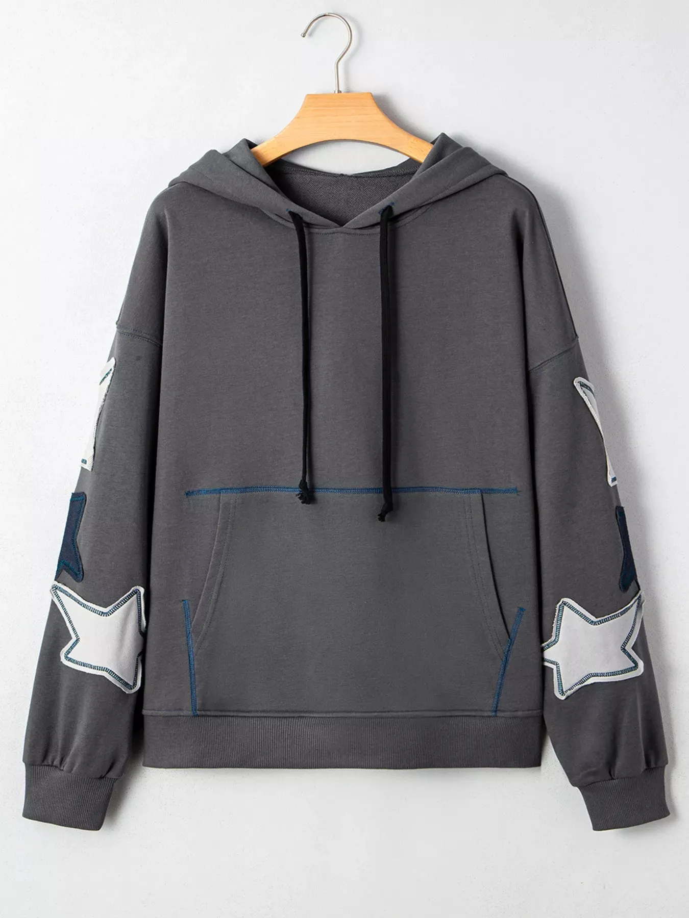 Star Patchwork Contrast Stitching Mineral Wash Kangaroo Pocket Hoodie sold by Charming Charlie product image thumbnail 5