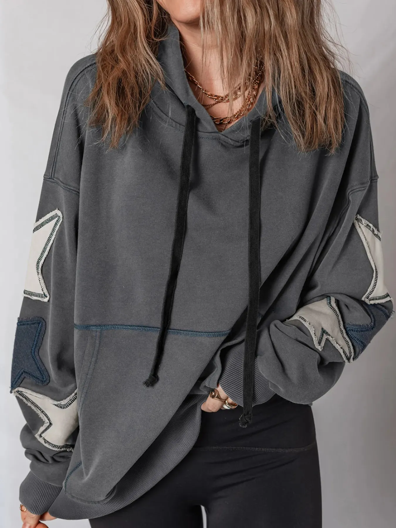 Star Patchwork Contrast Stitching Mineral Wash Kangaroo Pocket Hoodie sold by Charming Charlie product image thumbnail 2