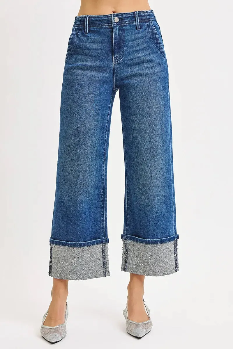 RISEN High Rise Ankle Wide Rhine Stone Cuffed Jeans sold by Charming Charlie product image thumbnail 3