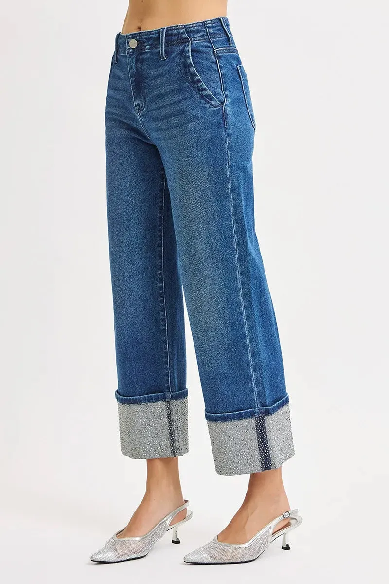 RISEN High Rise Ankle Wide Rhine Stone Cuffed Jeans sold by Charming Charlie product image thumbnail 4