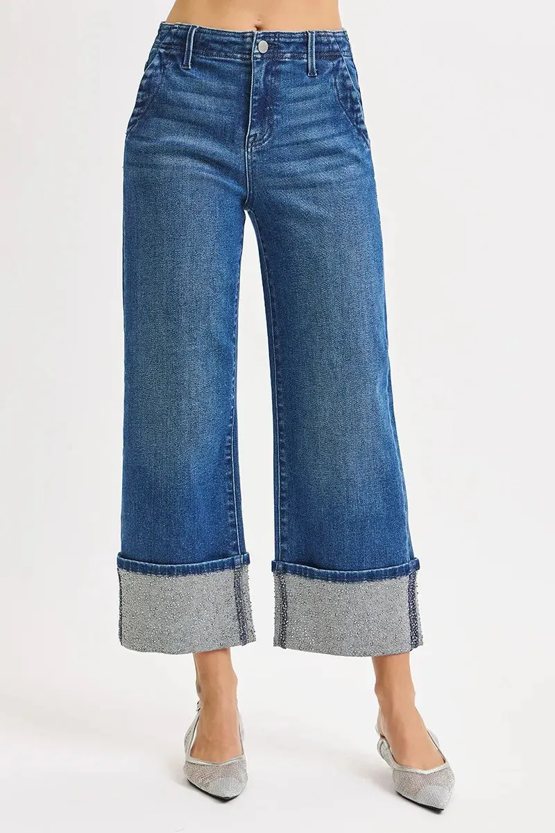 RISEN High Rise Ankle Wide Rhine Stone Cuffed Jeans sold by Charming Charlie