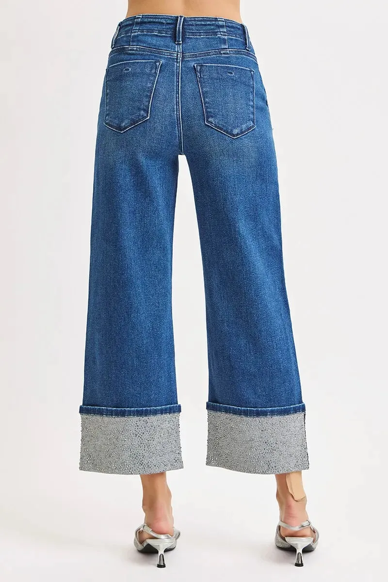 RISEN High Rise Ankle Wide Rhine Stone Cuffed Jeans sold by Charming Charlie product image thumbnail 5