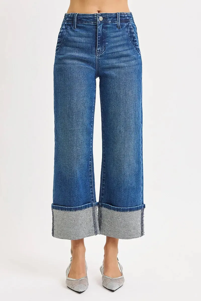 RISEN High Rise Ankle Wide Rhine Stone Cuffed Jeans sold by Charming Charlie product image thumbnail 2