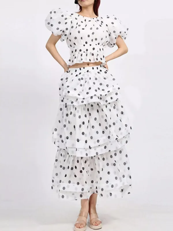 Polka Dot Puff Sleeve Top and Skirt Set sold by Charming Charlie