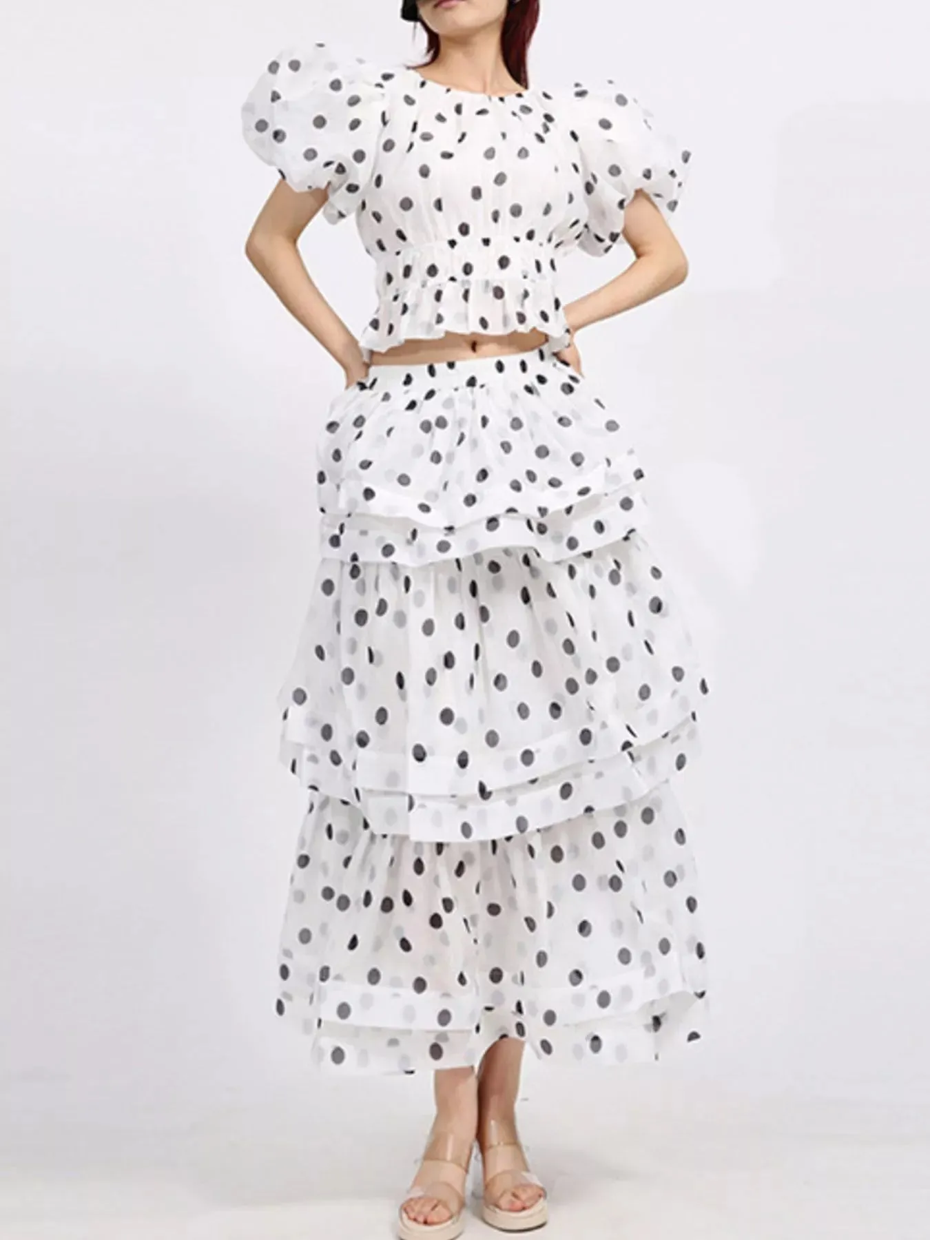 Polka Dot Puff Sleeve Top and Skirt Set sold by Charming Charlie