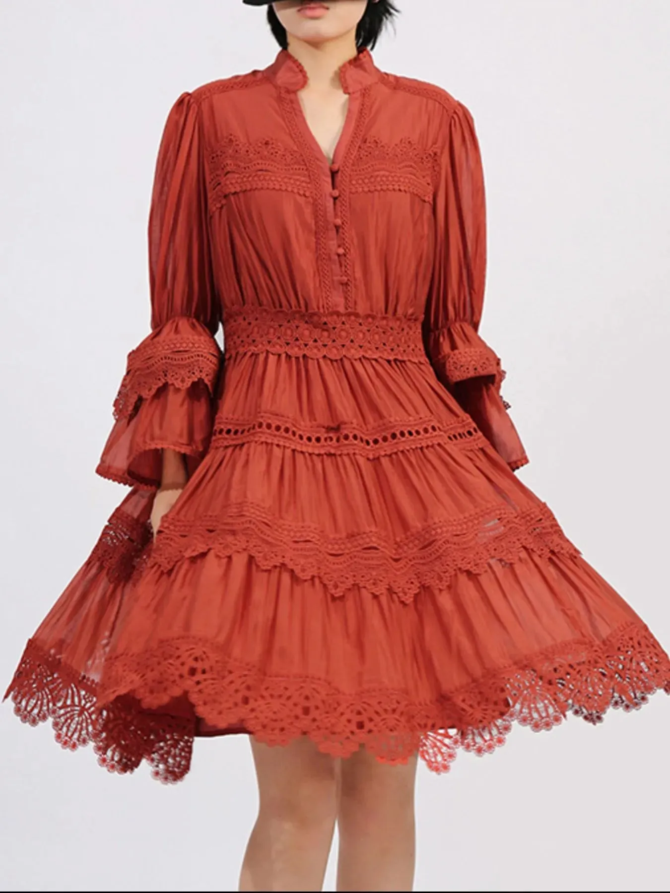 Ruffle Lace Trim Long Sleeve Dress sold by Charming Charlie