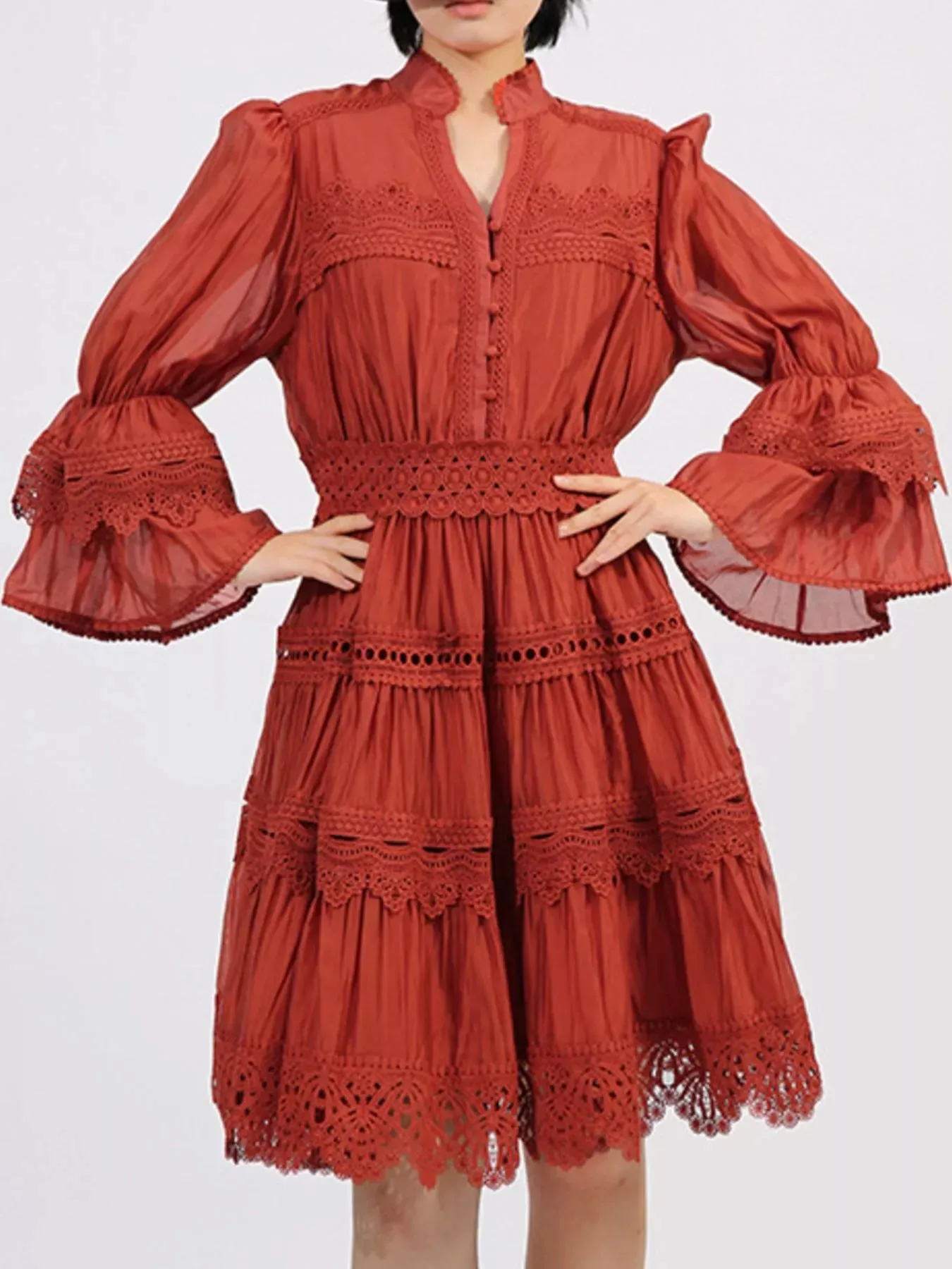 Ruffle Lace Trim Long Sleeve Dress sold by Charming Charlie product image thumbnail 3