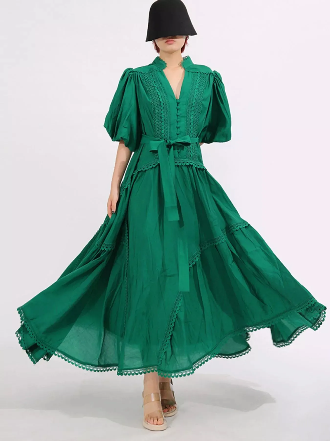 Lace Detail Notched Puff Sleeve Maxi Dress sold by Charming Charlie product image thumbnail 3