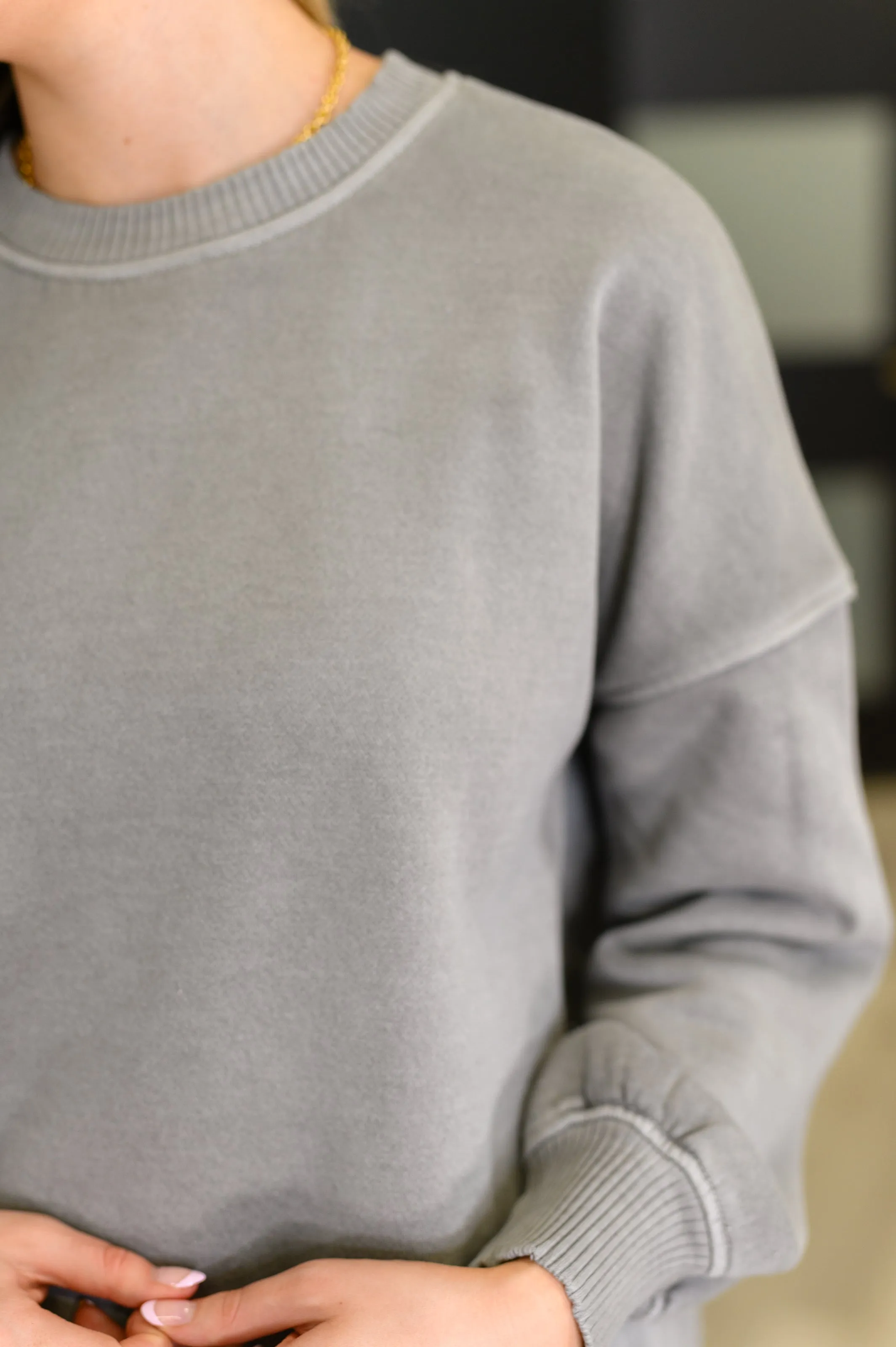 Talk Cozy to Me Stepped Hem Pullover in Sleet sold by Charming Charlie product image thumbnail 2