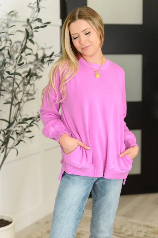 Talk Cozy to Me Stepped Hem Pullover in Bright Mauve sold by Charming Charlie