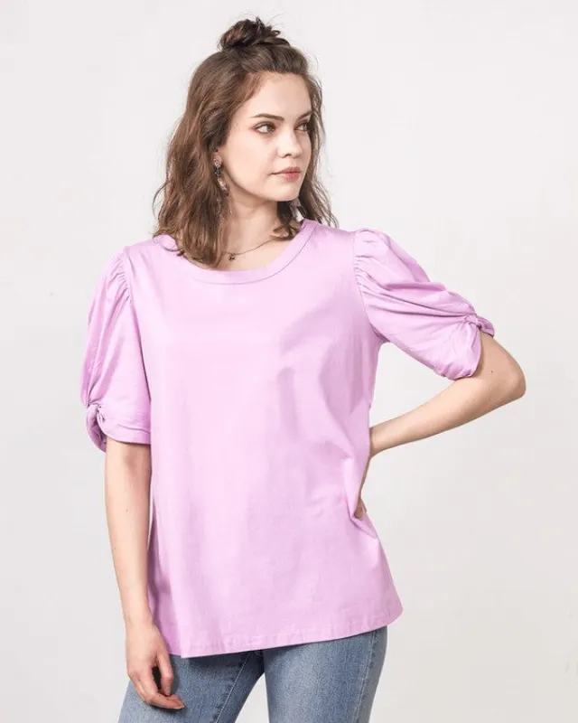 Plus Knotted Puff Sleeve Cotton Knit Top sold by Charming Charlie