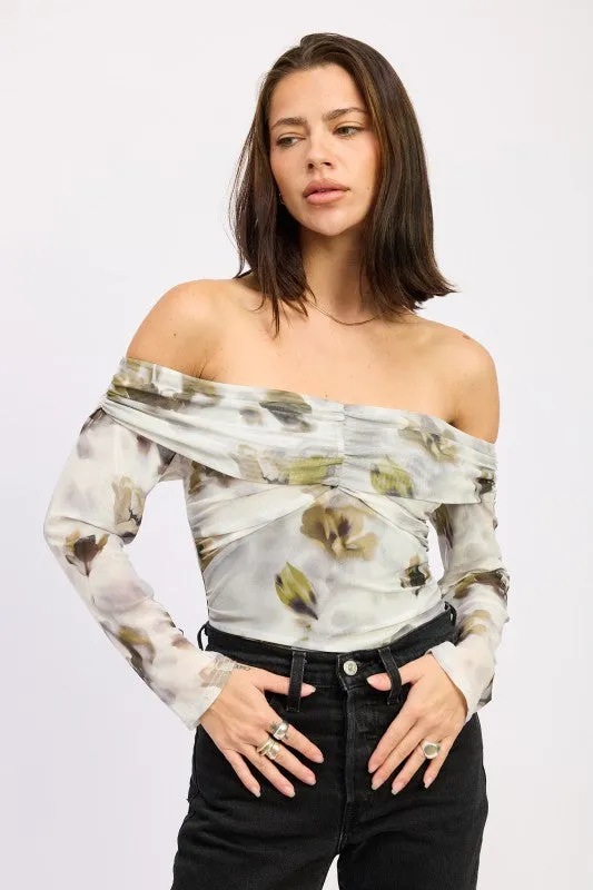 RUCHED OFF SHOULDER BODYSUIT sold by Charming Charlie