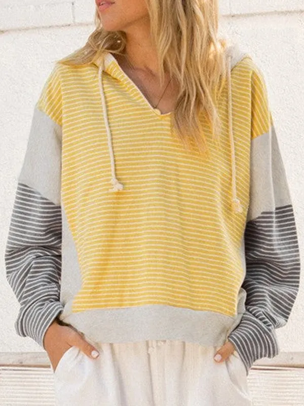 Cotton Stripe V Neck Loose Fit Hooded Pull Over sold by Charming Charlie