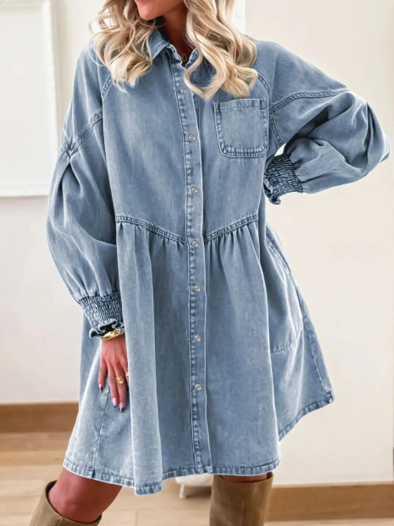 Button-Up Denim Shirt Dress with Smocked Cuffs sold by Charming Charlie
