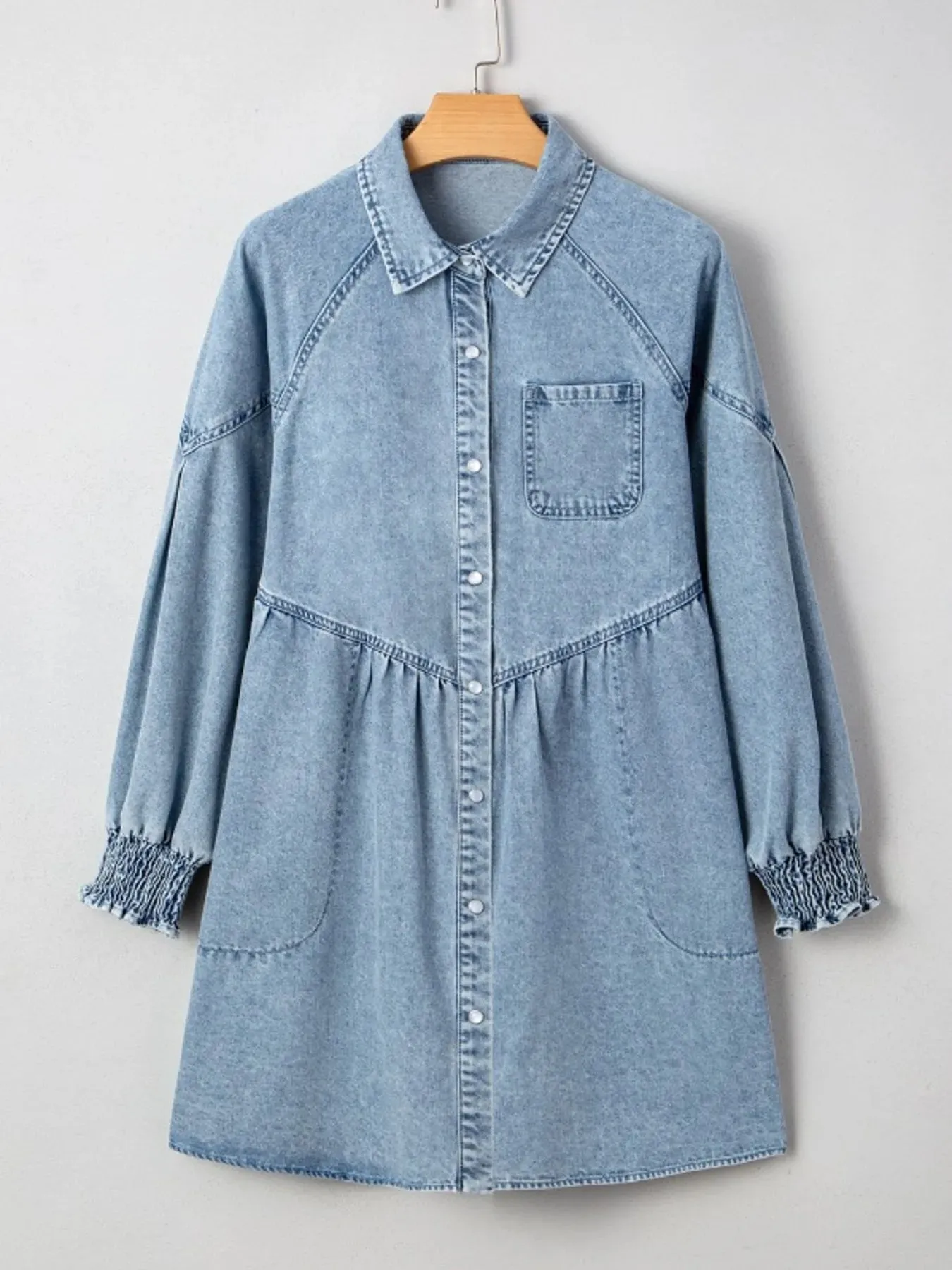 Button-Up Denim Shirt Dress with Smocked Cuffs sold by Charming Charlie product image thumbnail 5