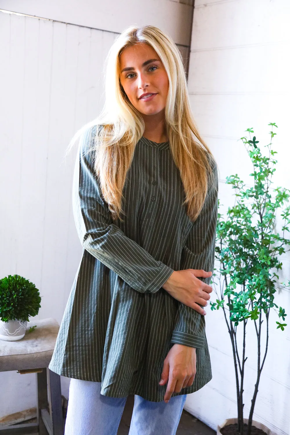 Read Between the Lines Olive Button Cotton Tunic sold by Charming Charlie