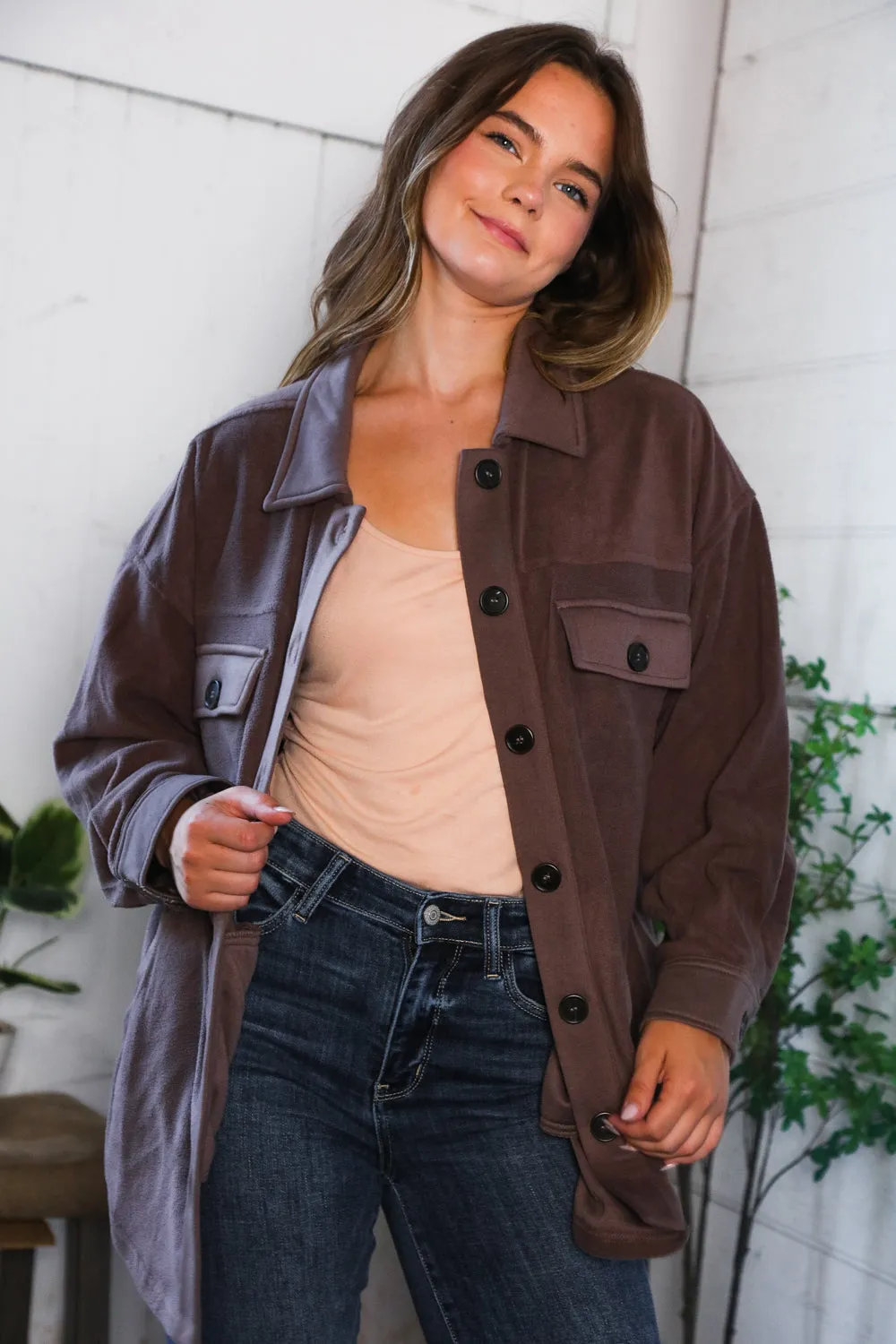 Everyday Adventures Mocha Shacket sold by Charming Charlie