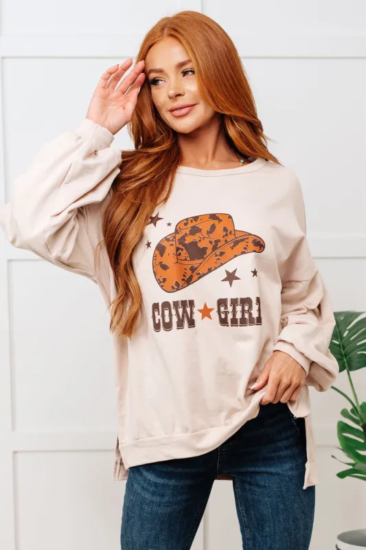 Cow Girl Graphic Pullover in Stone sold by Charming Charlie