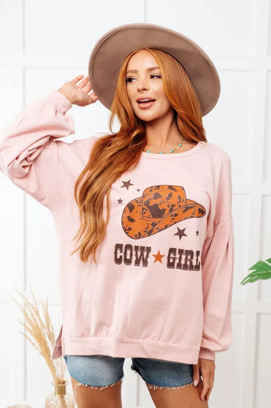 Cow Girl Graphic Pullover in Dusty Pink sold by Charming Charlie